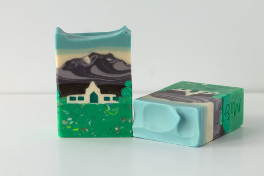 Two soap bars with scenic designs on a white background