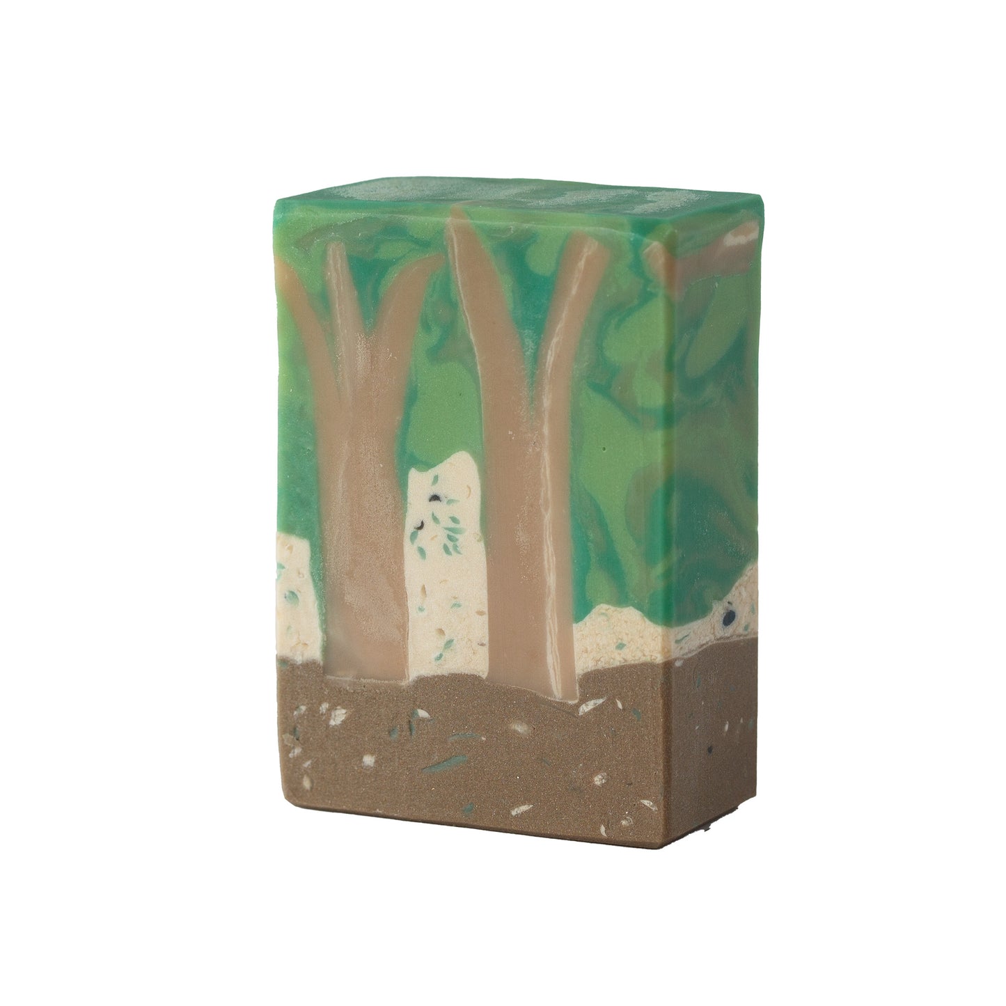 Bar of soap with natural forest design on a white background