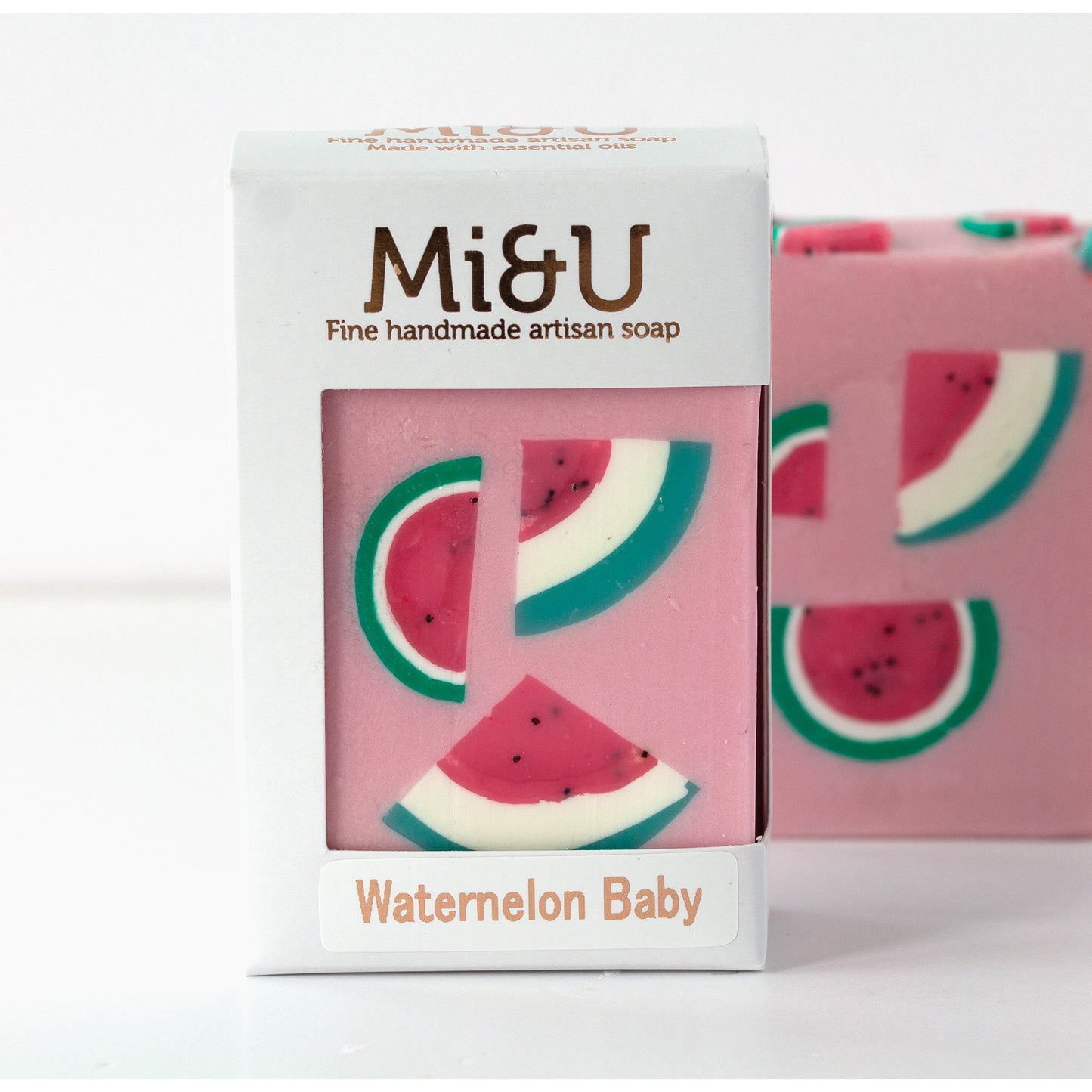 Mi&U watermelon-themed soap packaged on a white background