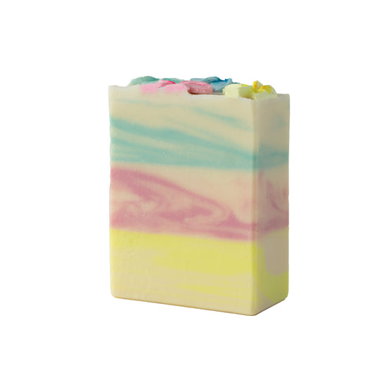 Tropical soap bar with marbled swirls and tropical flowers
