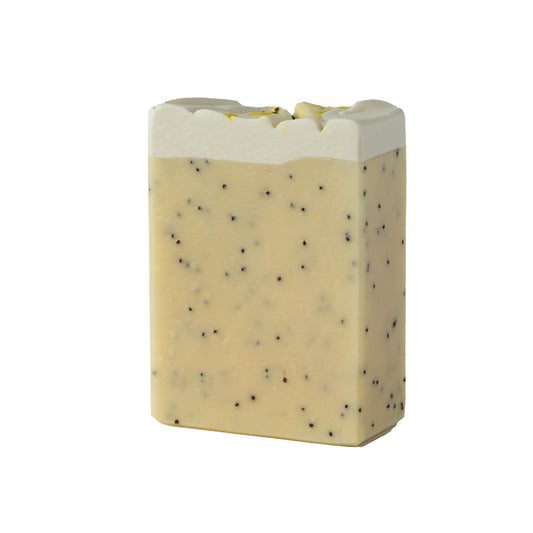 Bar of soap with a white top and poppy seeds on a white background