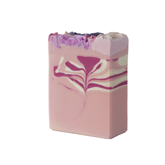 Bar of soap with a pink and white secret flower swirl